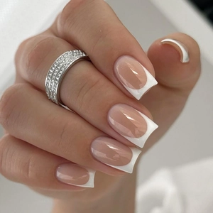 French Tip Press On Nails Square Rectangular Shape Nude Pink White Glossy Simple Style Artificial False Nails For Women