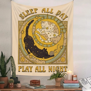 Bohemian sun and moon cat tapestry with Sleep All Day text for room wall decor