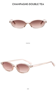 Macro detail of champagne oval sunglasses with gradient tea lenses and inner frame markings