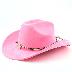 Detail of pink faux suede cowboy hat featuring woven band with star charms and beads