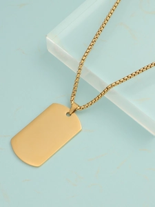 Detail of a smooth gold titanium steel dog tag pendant with a classic box chain