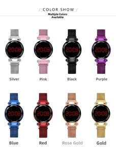 Detailed grid view of women's LED watches with magnetic straps and faceted glass in 8 colors