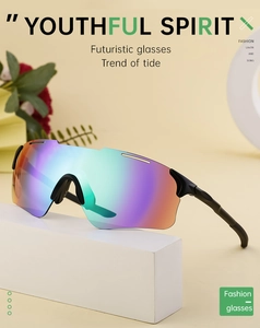 Macro view of matte black oversized sports sunglasses with iridescent gradient lenses