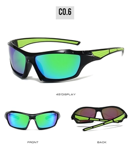 Detailed views of polarized sports sunglasses with green gradient lenses and black frame