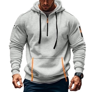 Men's grey hooded sweatshirt with orange zipper accents and functional arm pocket