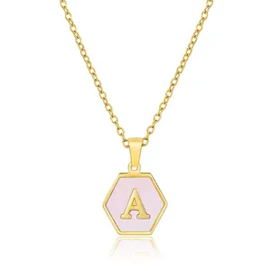 Gold stainless steel necklace with hexagonal pink shell pendant and letter A charm