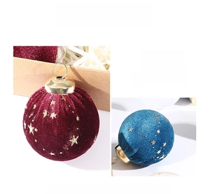 Detailed view of 6cm velvet Christmas ball ornaments with gold stars and metal caps