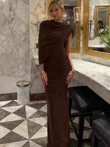 Robe Maxi À Épaule Dénudée Froncée Sexy Moulante Soirée Élégante Sans Manches Froncée Polyester Élasthanne