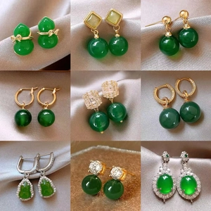 Retro Chinese Style Green Glazed Gourd Drop Earrings With 925 Sterling Silver Earring Post Elegant Faux Jade Jewelry Women