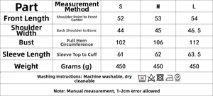 Detailed size chart for the animal print jacket with garment dimensions and care symbols