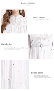 Détails du col en dentelle élégant et de la ceinture perlée sur robe plissée chic
