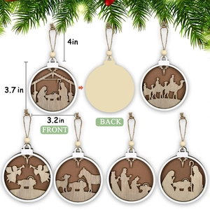 Detail of wooden 3D laser-cut Nativity scene ornament with front and back views