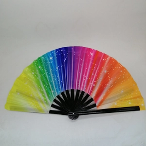 Open rainbow folding fan with white stars on black bamboo ribs, 33cm size