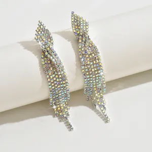 Detail of colorful AB rhinestone long tassel earrings with silver finish on white stand