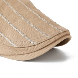 Men's khaki cotton beret hat with white pinstripe stitching in a high-quality flat lay