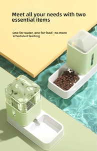 Green pet automatic water and food dispenser set on decorative water background