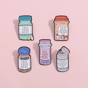 Lot de 5 épingles en émail colorées en forme de flacons de pilules avec slogans santé