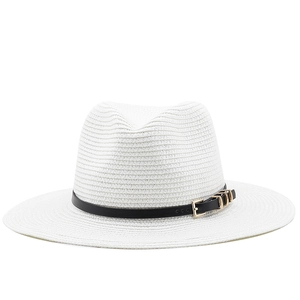 Classic white woven fedora hat with black leather band and gold buckle detail