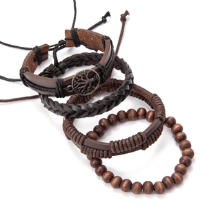 Vintage brown woven leather bracelet set for men with bronze Tree of Life charm