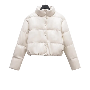 Women's cream white cropped puffer jacket with stand-up collar and matte quilted finish