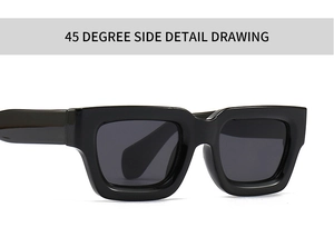 Detailed 45-degree side view of thick black irregular rectangle fashion sunglasses