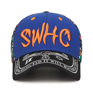 Vintage baseball cap with blue crown, black brim, orange SWHC embroidery and skull print