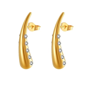 Polished 18K gold teardrop earrings featuring five inlaid white zircons on a white background