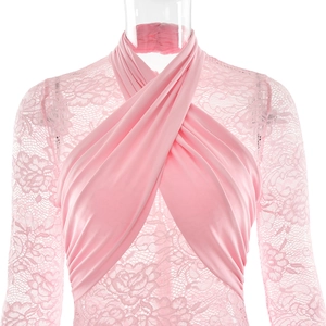 Close-up of pink lace and satin bodysuit featuring a sexy crisscross halter neck design