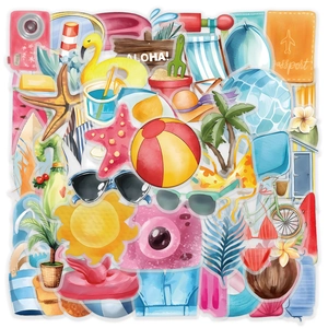 Collage of watercolor summer beach stickers featuring sunglasses, coconut and starfish