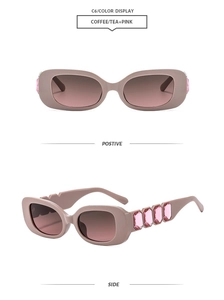 Detail showing square frame sunglasses with large pink crystal gemstones on temples