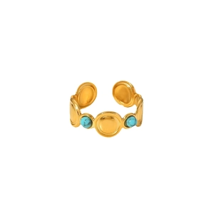 Bohemian gold stainless steel open ring featuring a natural turquoise stone inlay