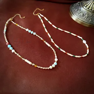 Bohemian colorful beaded necklace with freshwater pearls and adjustable gold clasp