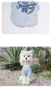 Detail of blue and striped pet shirt with vintage print on breathable cotton fabric