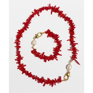 Irregular Red Faux Coral Freshwater Pearl Necklace Bracelet And Earrings Jewelry Heart Lobster Clasp For Women
