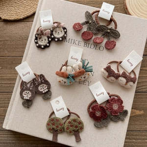 Cute kids hair ties set featuring 7 pairs of cartoon embroidery rabbits and flowers