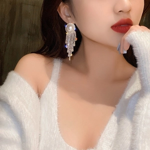 Elegant long 925 silver needle pearl tassel drop earrings with sparkling rhinestones