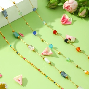 Bohemian colorful natural stone beaded necklace with gold stainless steel chain link