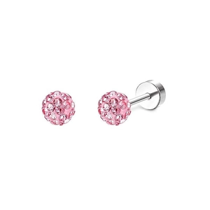 Macro detail of pink zircon crystal ball stud earrings with silver screw ball backings