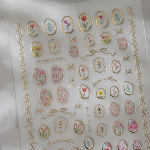 5D embossed floral nail stickers with gold foil tulip designs and 3D textured patterns