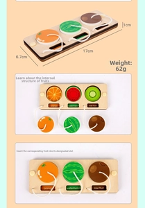 Detailed view of wooden fruit puzzle for busy board training hand-eye coordination