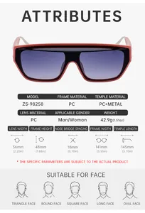 Detailed size chart for square sunglasses showing lens width and frame height dimensions