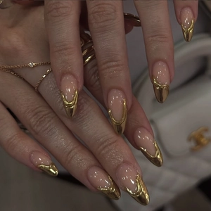 French Gold Edge Almond Press On Nails Nude Pink Metallic 3D Elegant Luxury Glossy Long Artificial Finger Nails