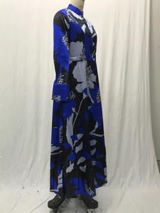 Detail of floral printed long dress featuring a stand collar and button-down bodice