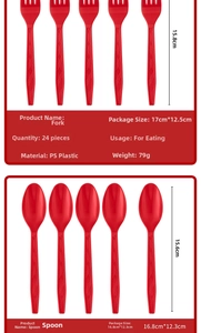Detailed size view of red plastic forks and spoons for strawberry party tableware sets