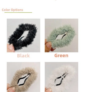 Detail view of plush BB hair clips in black green brown and white colors
