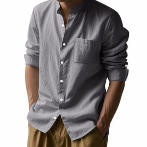 Men's grey linen long sleeve casual shirt with stand collar and pocket detail on white background
