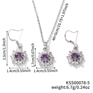 Detailed size chart for silver snowflake necklace and purple zircon earrings set