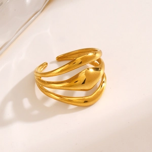 Polished gold multi-layer minimalist stainless steel open ring with layered line design