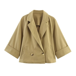 Women Short Blazer Jacket Khaki Linen Blend Polyester Double Breasted Wide Sleeves Notched Lapel Casual Chic