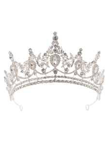 Detail of silver bridal crown featuring teardrop and marquise cut sparkling crystals